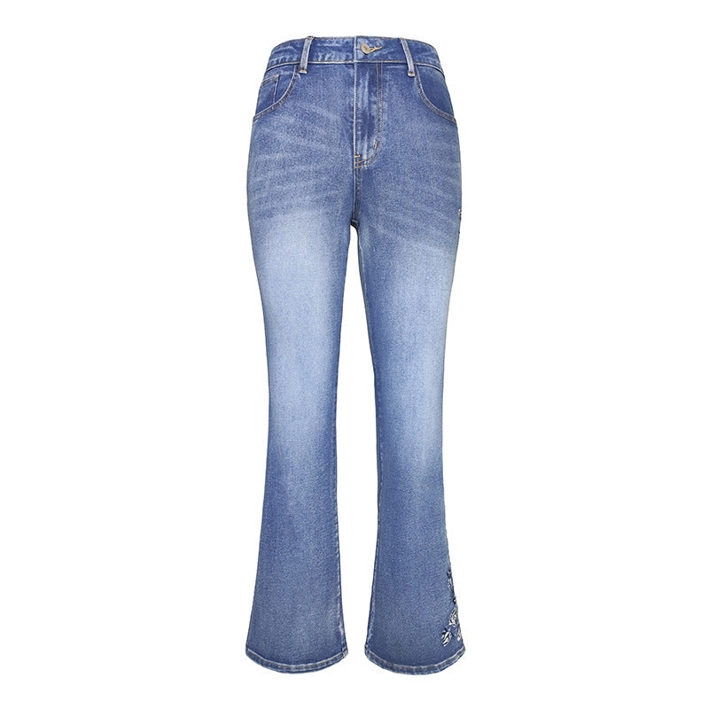 Jean décontracté en denim fleuri brodé