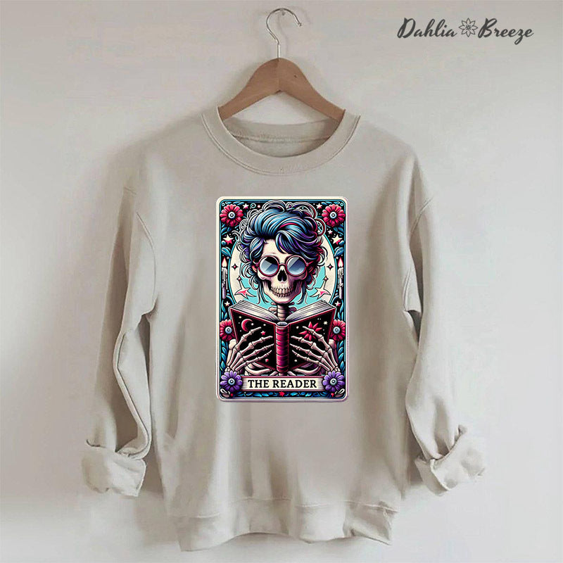 The Reader Tarot Card Booktrovert Skull Sweatshirt