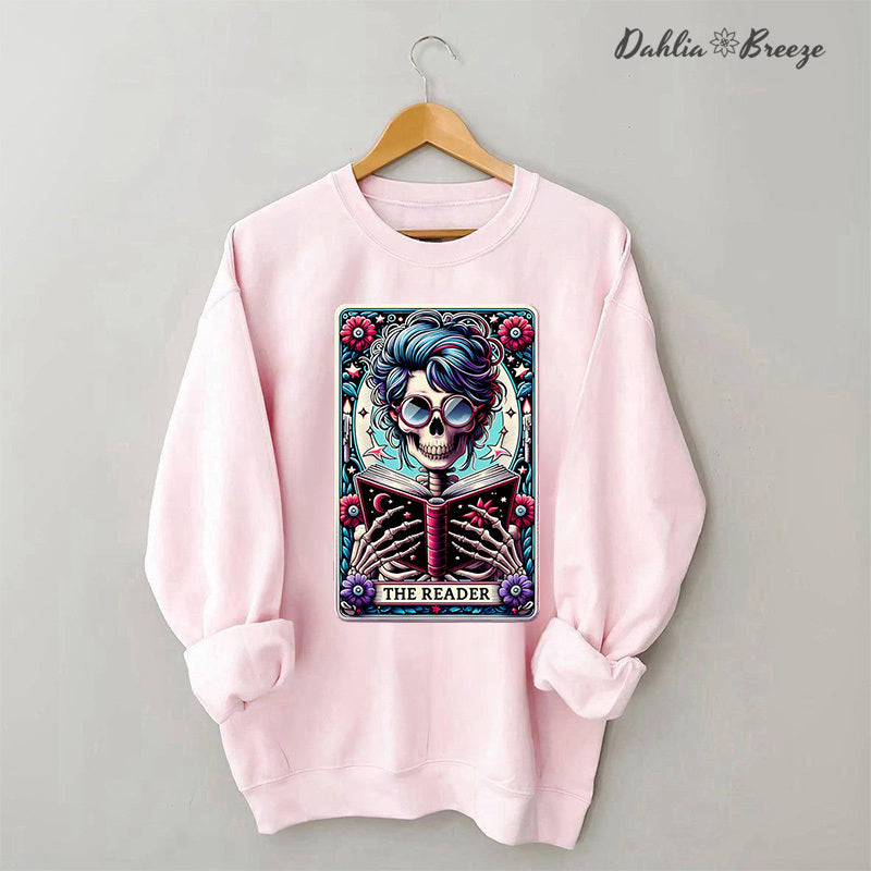The Reader Tarot Card Booktrovert Skull Sweatshirt