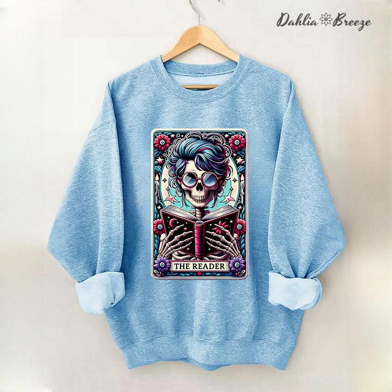 The Reader Tarot Card Booktrovert Skull Sweatshirt