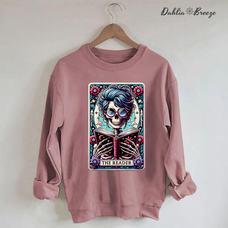 The Reader Tarot Card Booktrovert Skull Sweatshirt