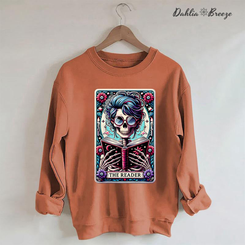 The Reader Tarot Card Booktrovert Skull Sweatshirt