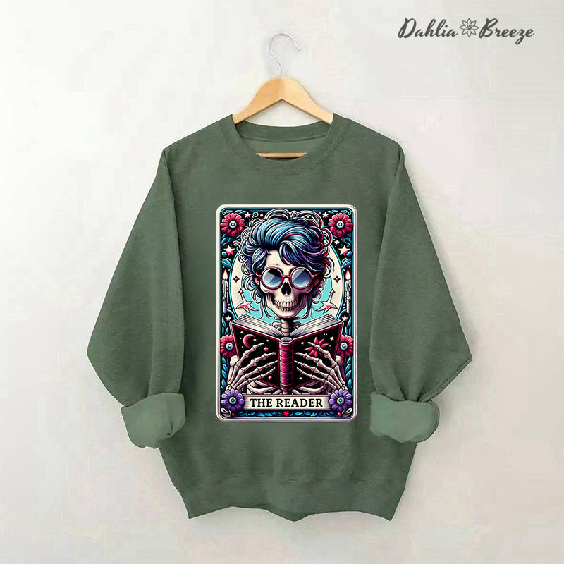 The Reader Tarot Card Booktrovert Skull Sweatshirt