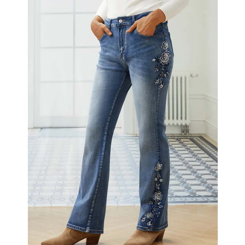 Jean décontracté en denim fleuri brodé