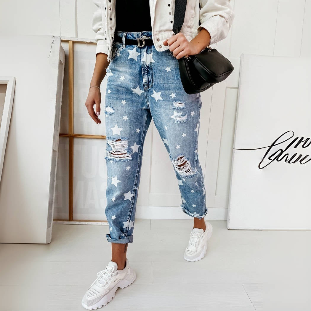 Jean slim effet vieilli à motif étoiles
