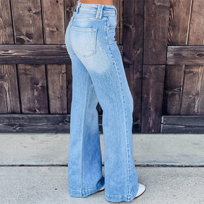 Stilvolle, gewaschene Jeans mit weitem Bein und hohem Bund 