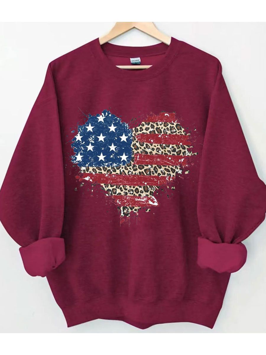 Sweat-shirt coeur léopard drapeau américain