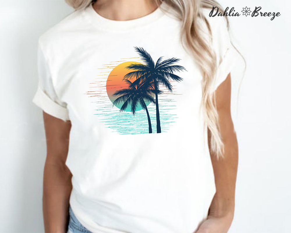 T-shirt graphique coucher de soleil palmier vintage