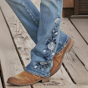 Jean décontracté en denim fleuri brodé