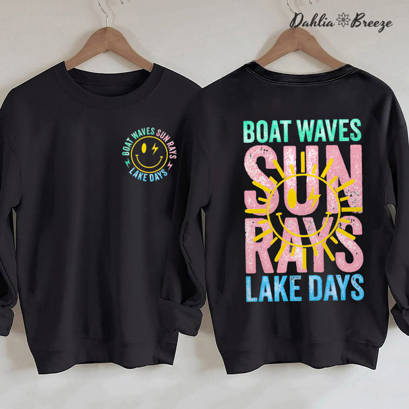 Sweat-shirt d'été rétro avec vagues de bateau, rayons de soleil, jours de lac