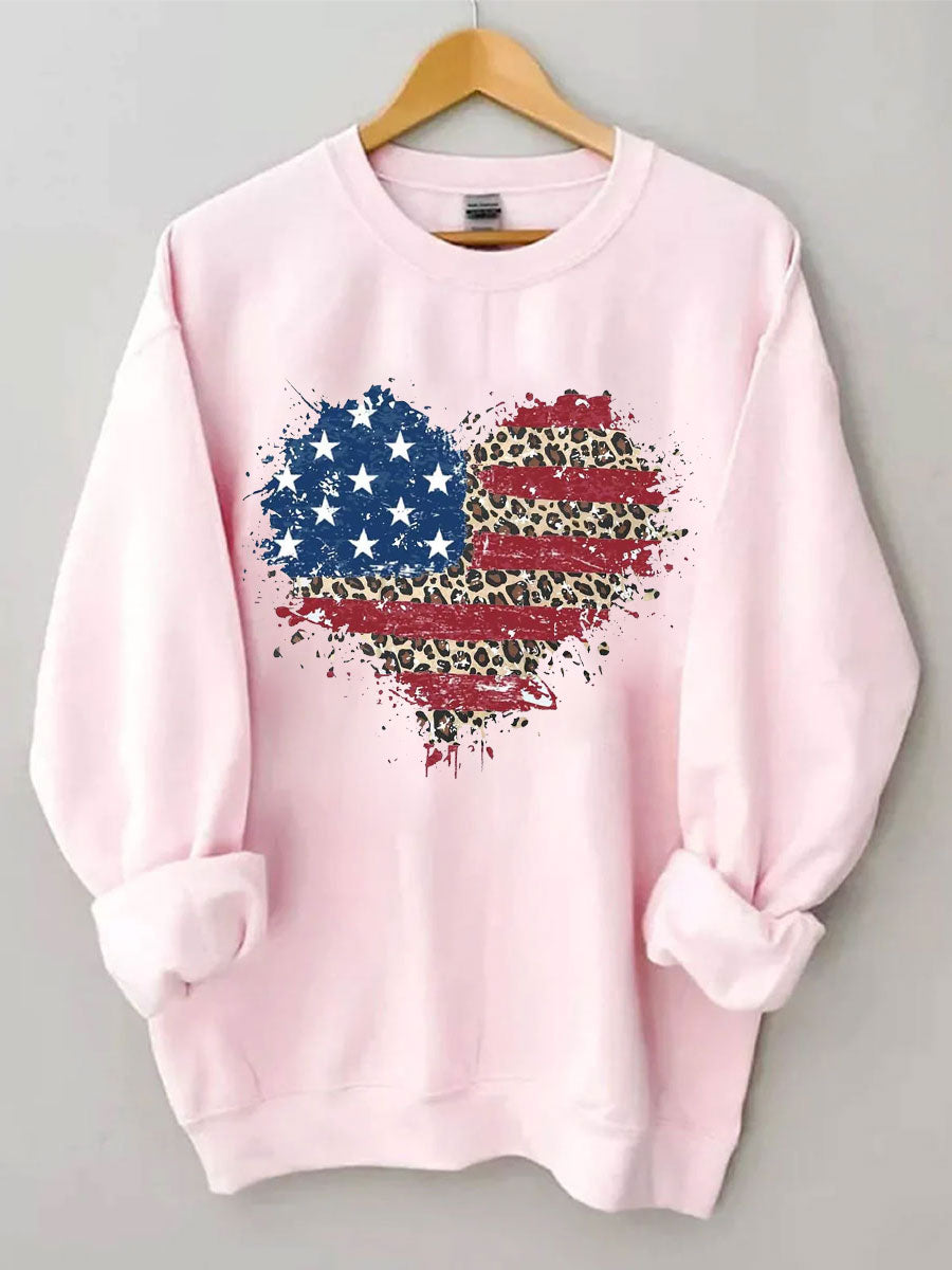 Sweat-shirt coeur léopard drapeau américain