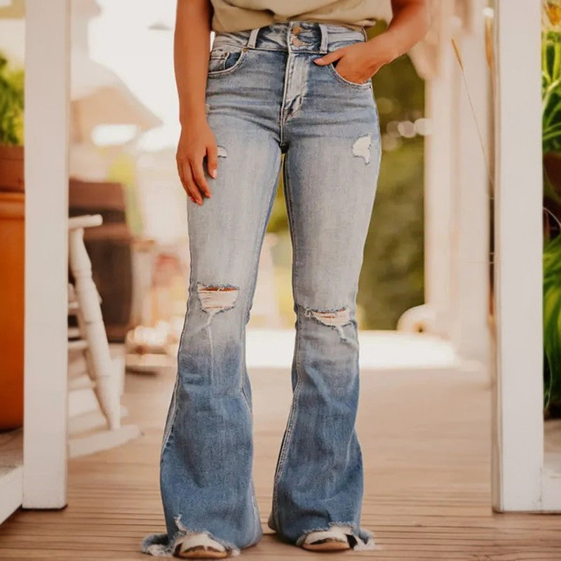 Flare-Jeans mit zerrissenem Knie und ungesäumtem Saum 