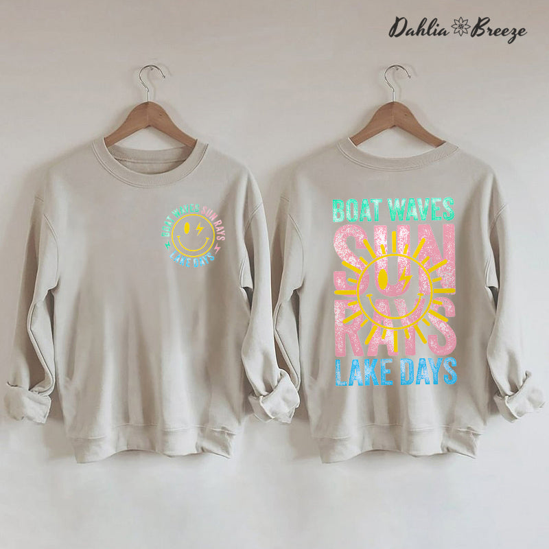 Sweat-shirt d'été rétro avec vagues de bateau, rayons de soleil, jours de lac