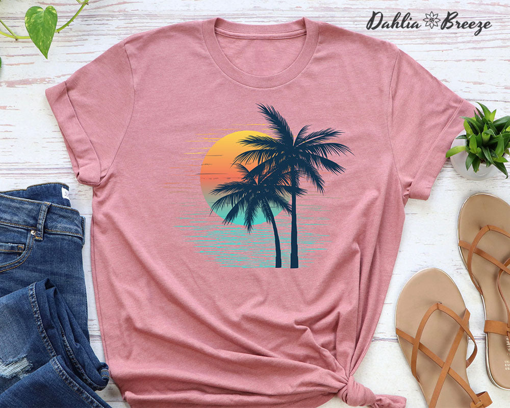 T-shirt graphique coucher de soleil palmier vintage
