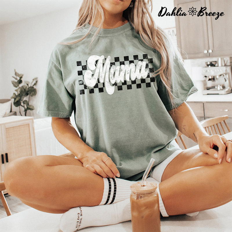 T-shirt rétro à carreaux Mama Letter Print