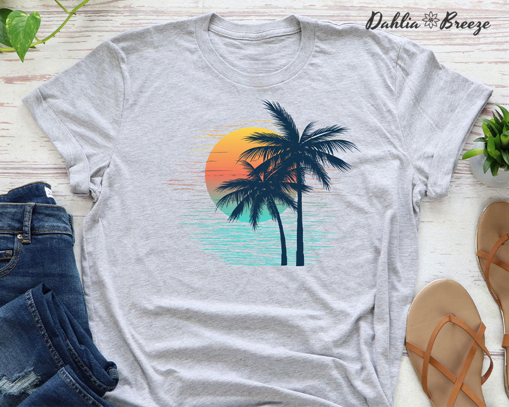 T-shirt graphique coucher de soleil palmier vintage