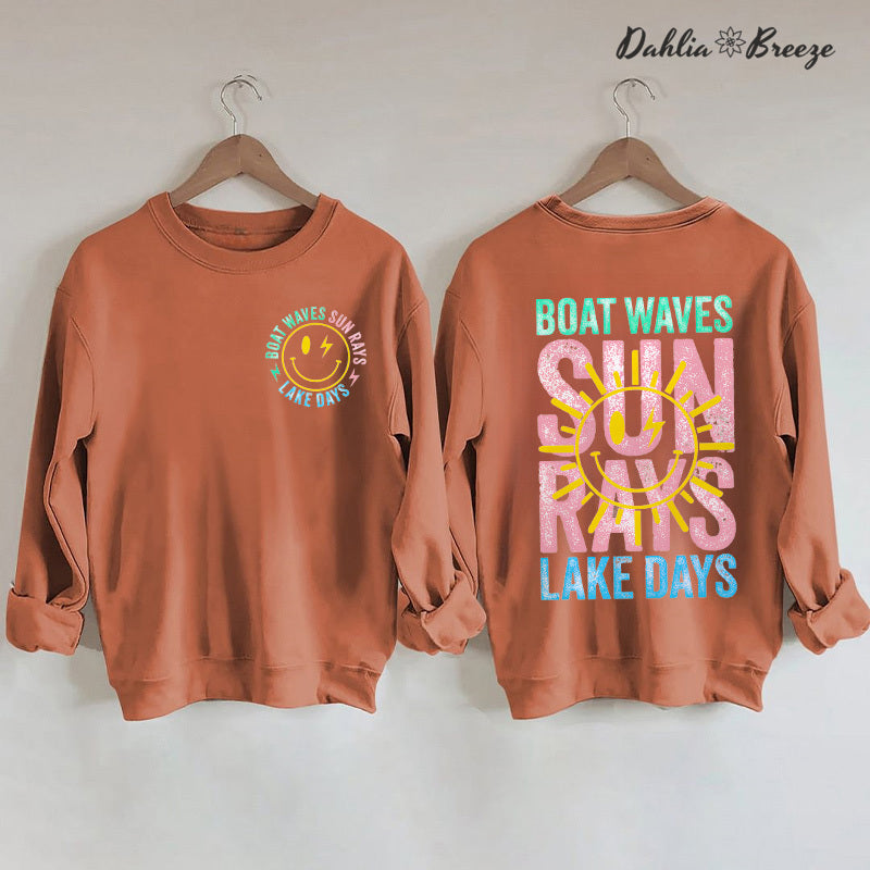 Sweat-shirt d'été rétro avec vagues de bateau, rayons de soleil, jours de lac
