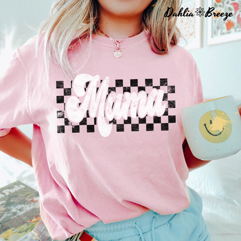 T-shirt rétro à carreaux Mama Letter Print