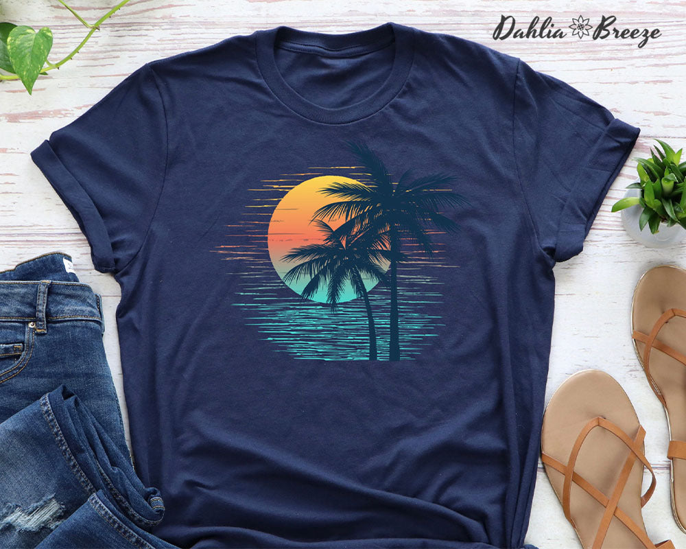 T-shirt graphique coucher de soleil palmier vintage