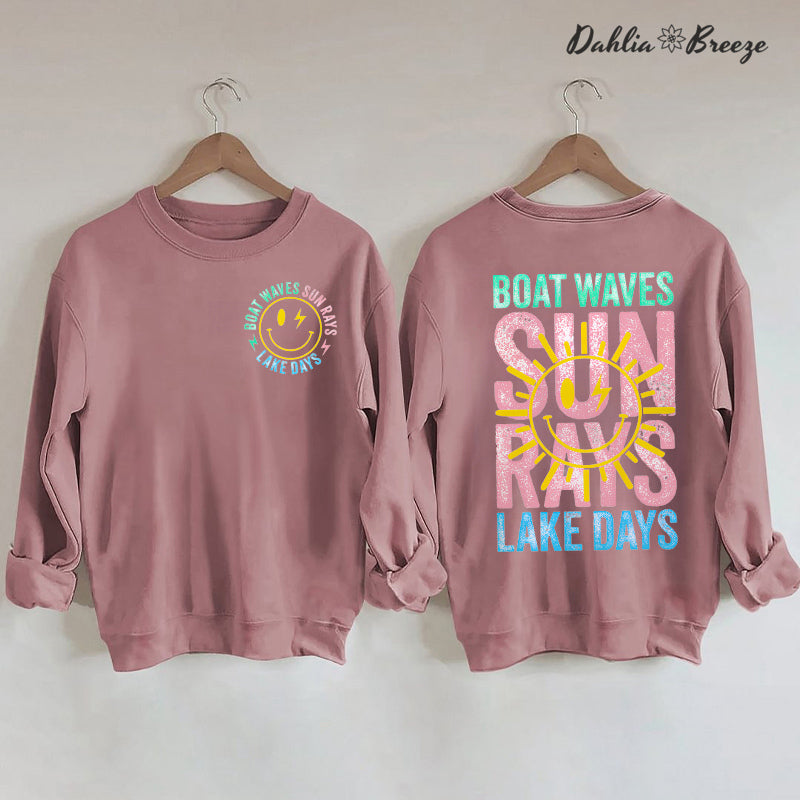 Sweat-shirt d'été rétro avec vagues de bateau, rayons de soleil, jours de lac