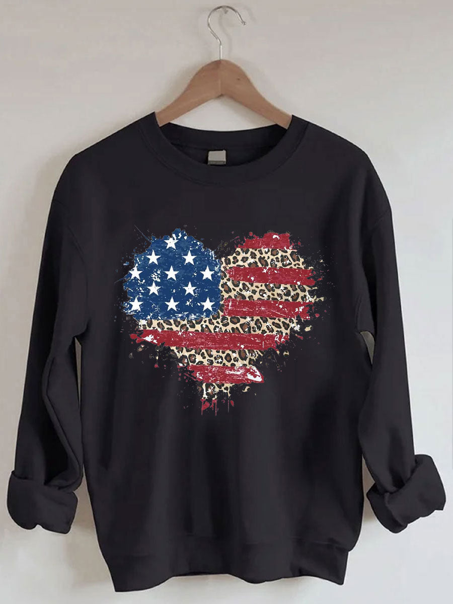 Sweat-shirt coeur léopard drapeau américain