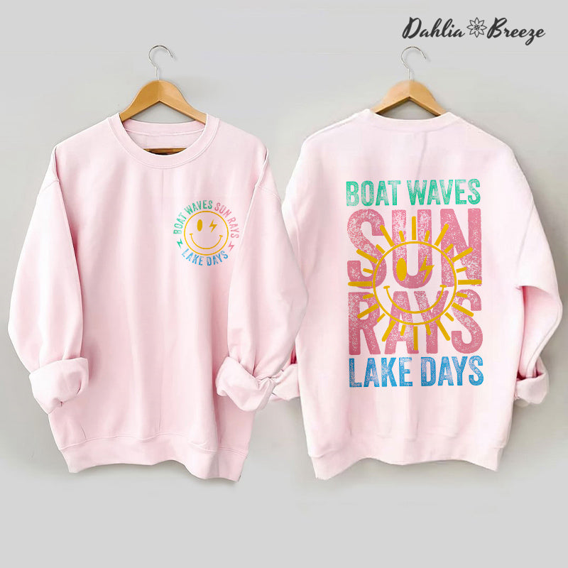 Sweat-shirt d'été rétro avec vagues de bateau, rayons de soleil, jours de lac