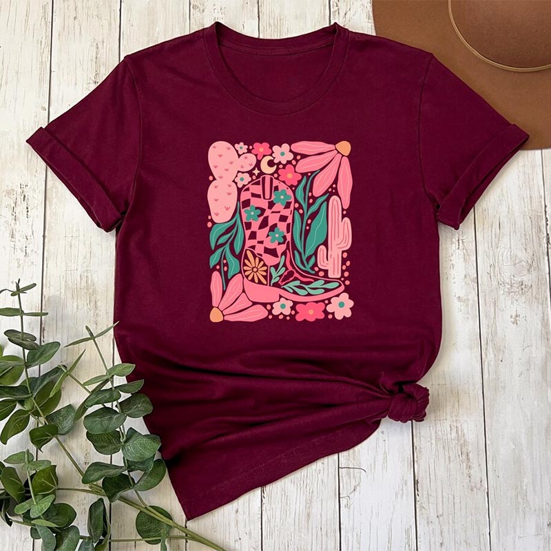 Boho Cowgirl Boot And Flowers T-shirt