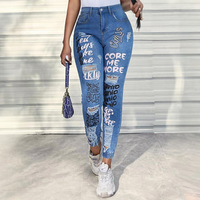 Zerrissene Jeans mit Graffiti-Buchstaben-Print