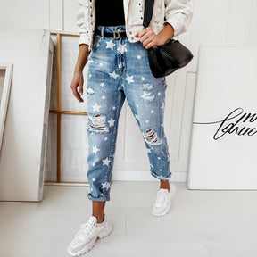 Jean slim effet vieilli à motif étoiles