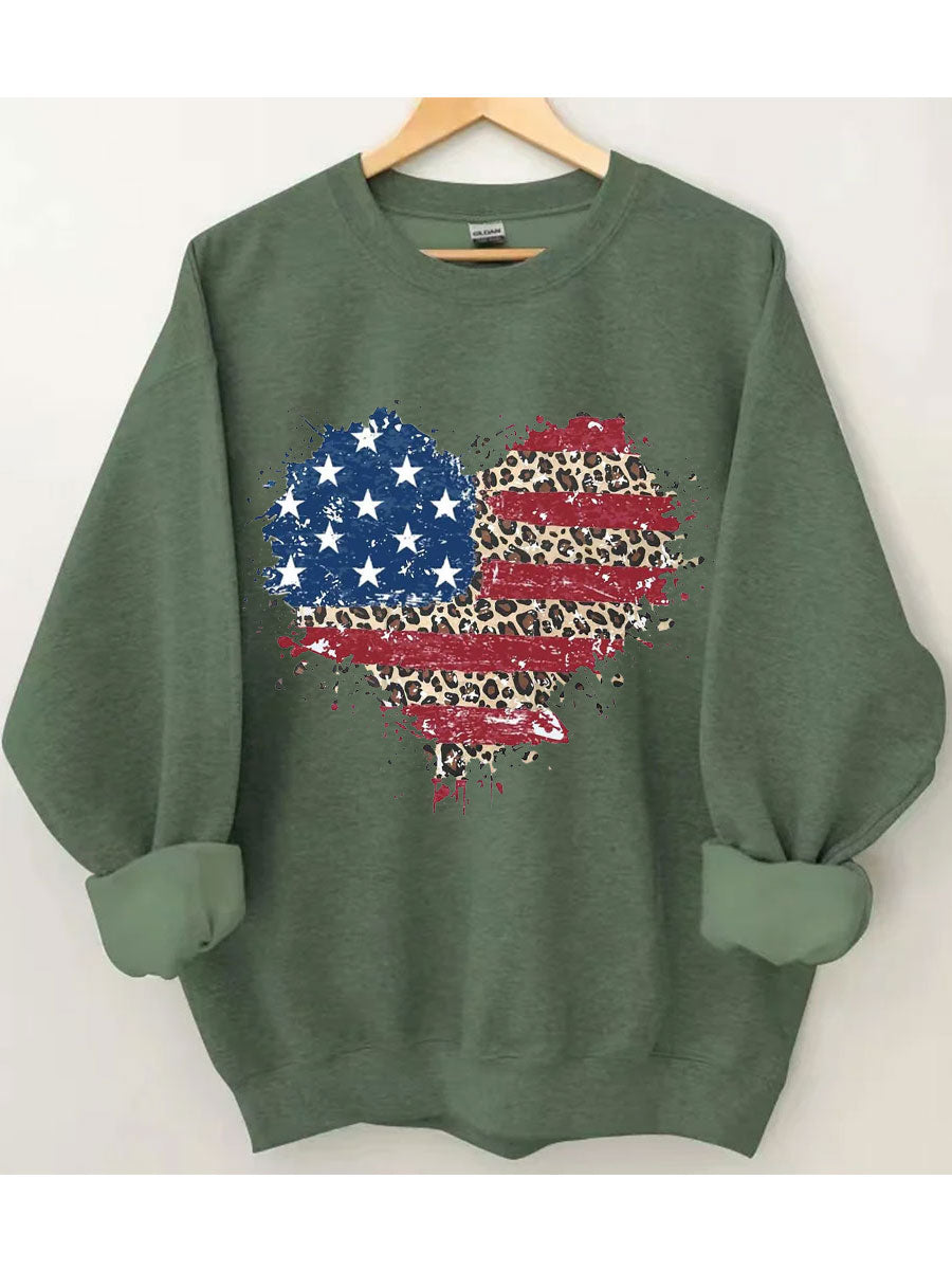 Sweat-shirt coeur léopard drapeau américain