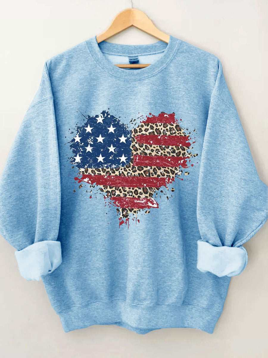 Sweat-shirt coeur léopard drapeau américain