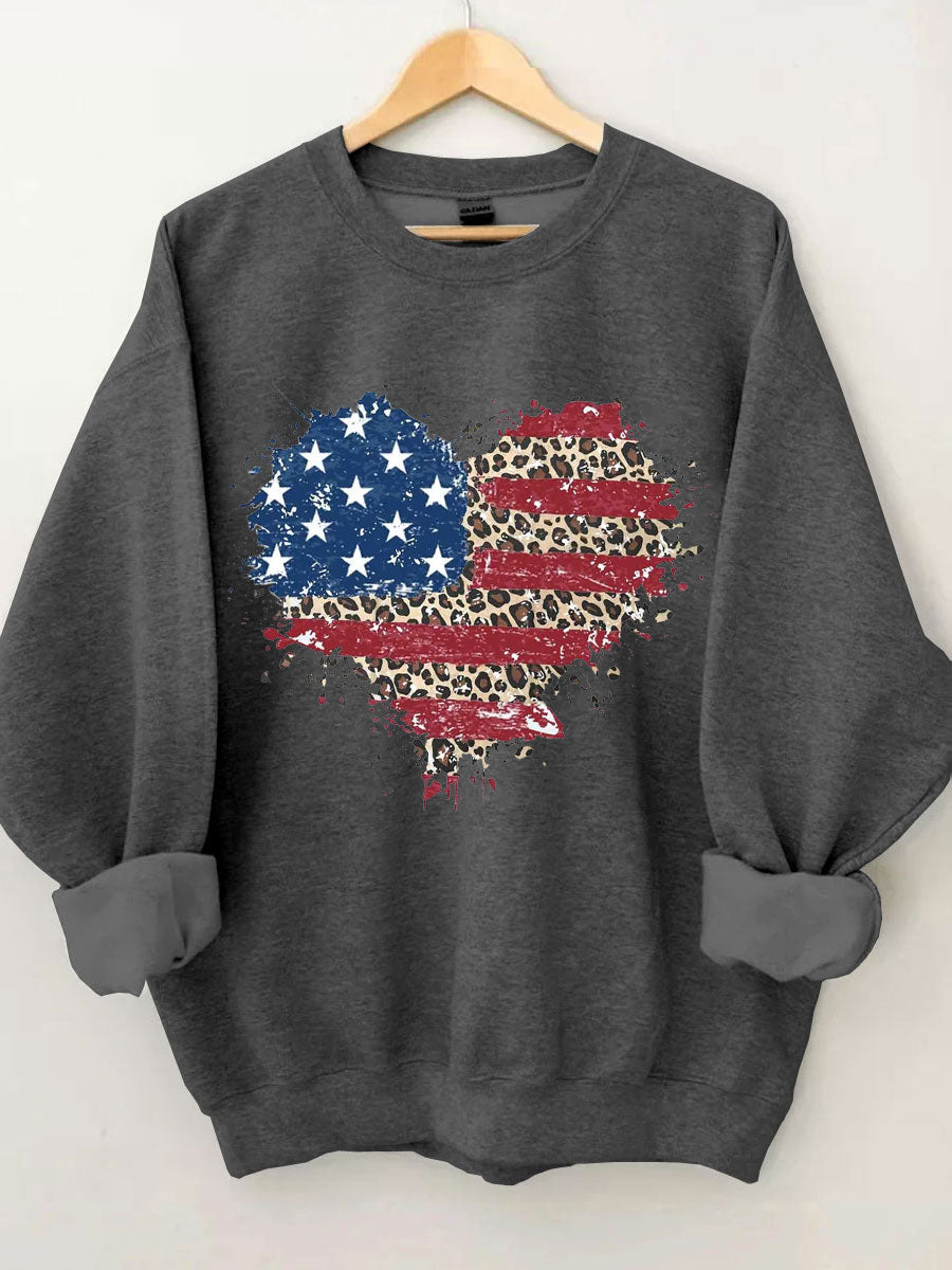 Sweat-shirt coeur léopard drapeau américain