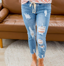 Jean taille haute déchiré à taille élastique 