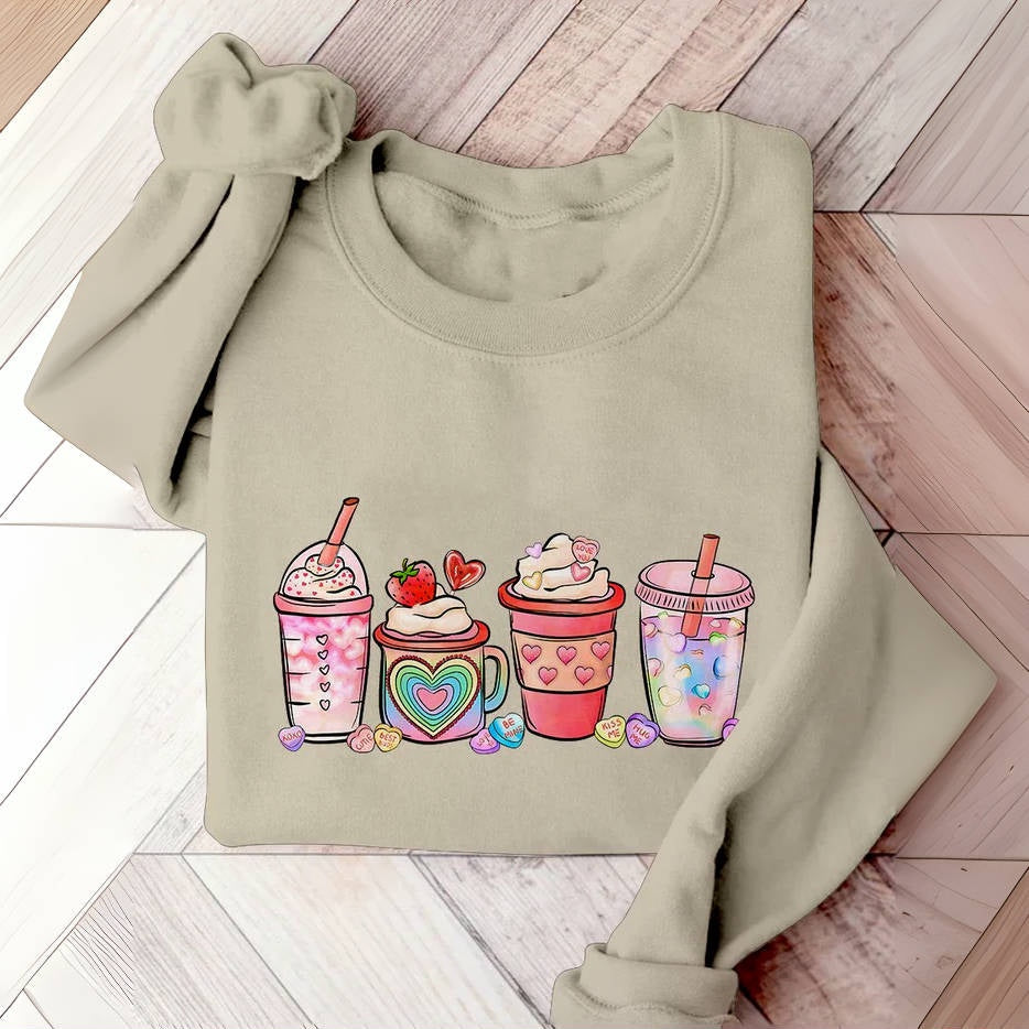 Sweatshirt mit Aufdruck „Valentinstag Kaffeegetränke“.