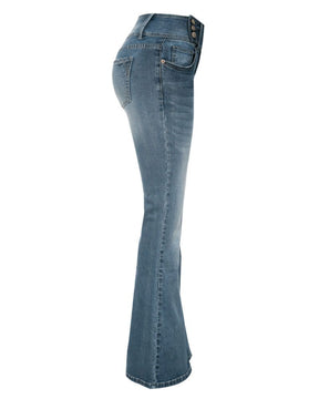 Flare-Jeans im Vintage-Stil mit seitlichen Knöpfen und mittlerer Taille