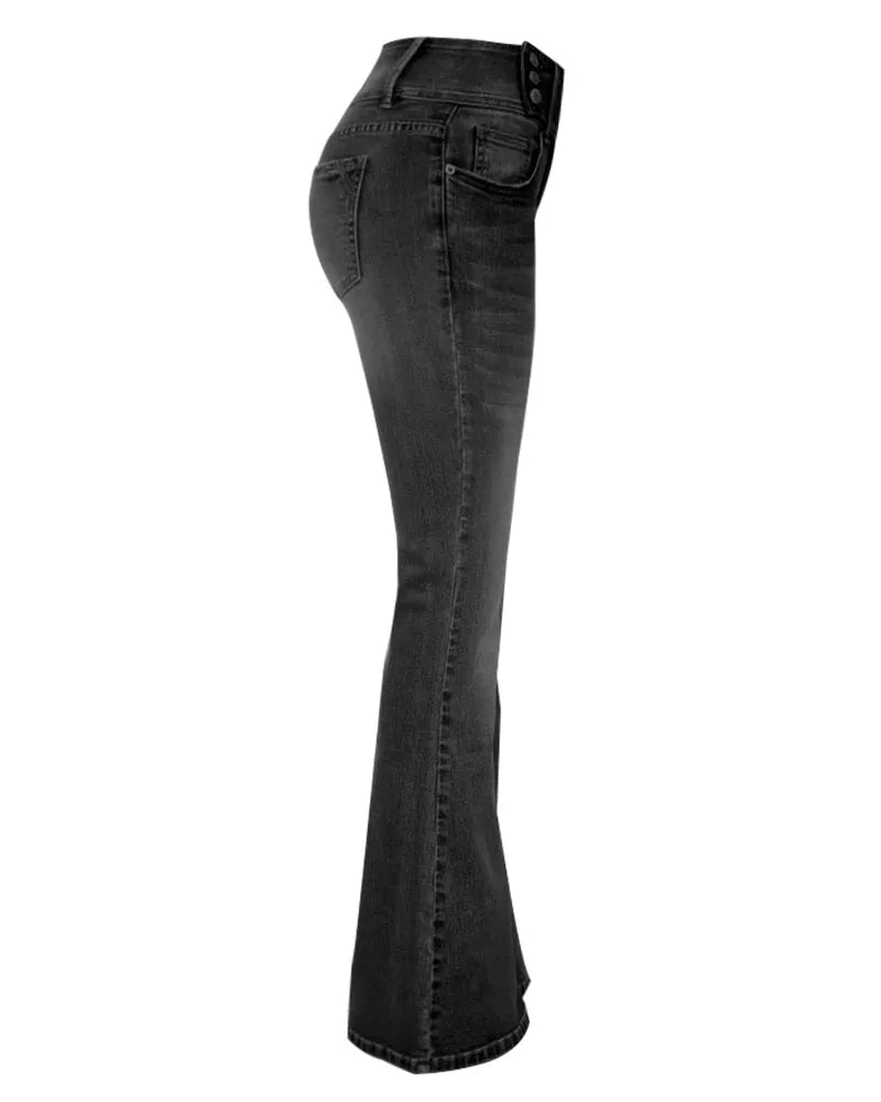 Flare-Jeans im Vintage-Stil mit seitlichen Knöpfen und mittlerer Taille