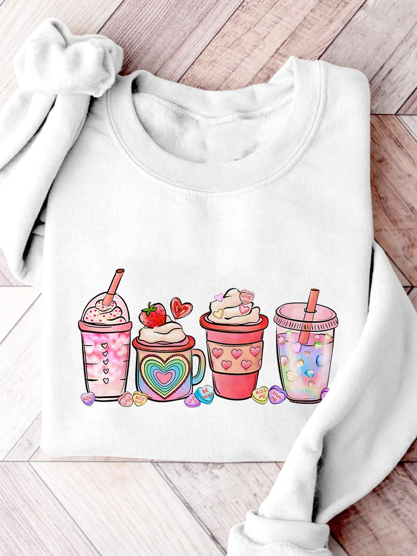 Sweatshirt mit Aufdruck „Valentinstag Kaffeegetränke“.